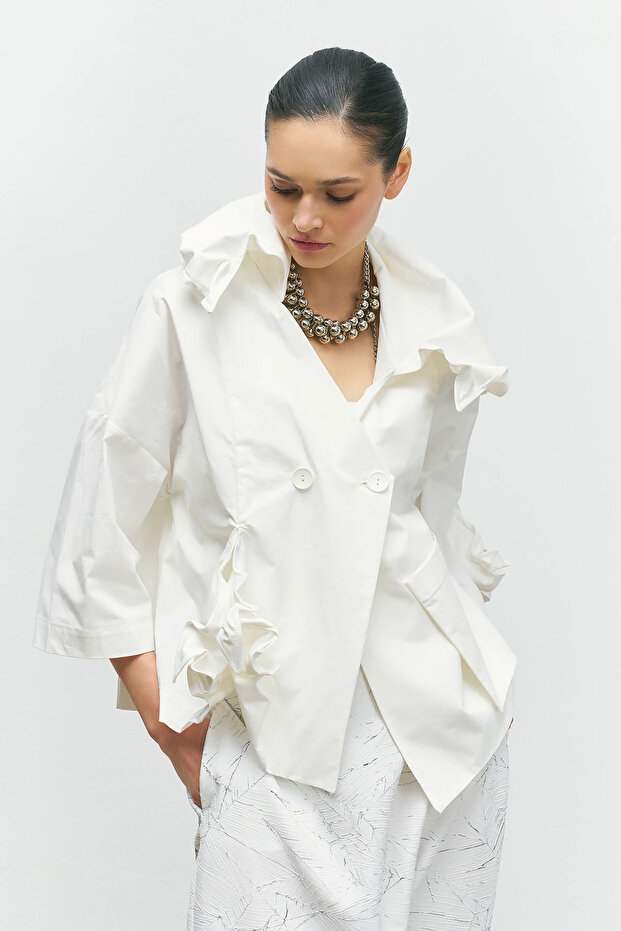 Tel Yakalı Ceket - Beyaz - 2