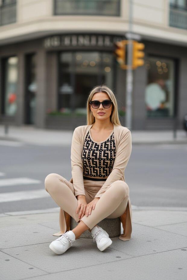 Dug rukav Krep Trostruki set bež - 4