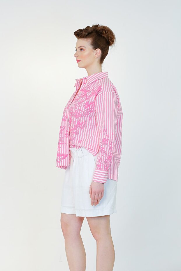 Çizgi Baskılı Gömlek - Pembe - 3