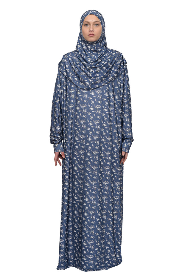 Practical One-Piece Floral Patterned Sleeves and Removable Headscarf Lycra Hijab Prayer Dress 990-0201