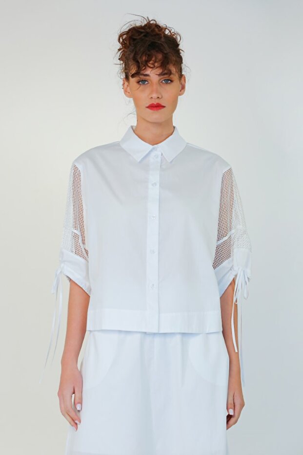 Kolları File Gömlek - Beyaz - 4