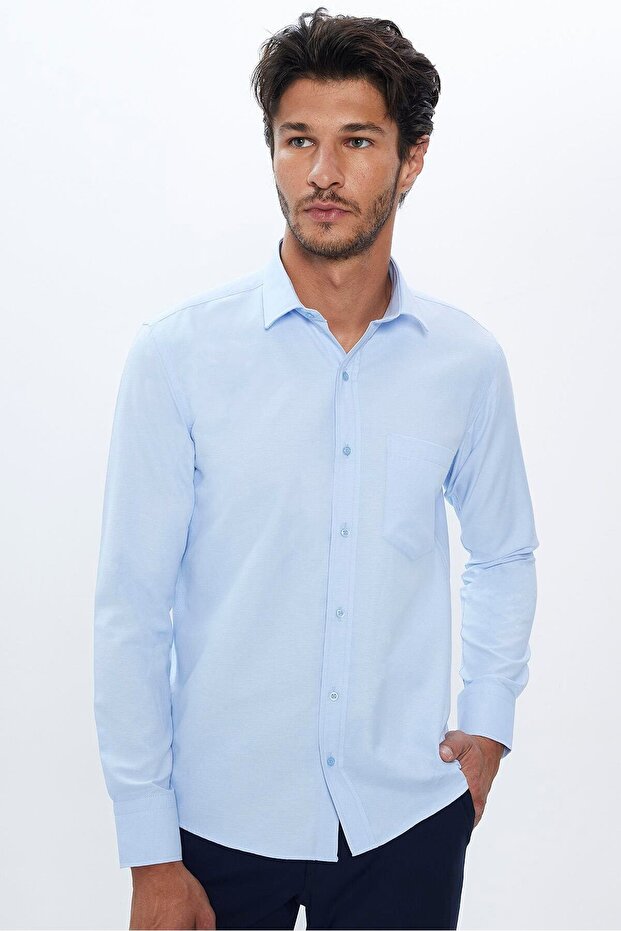 Men's Classic Fit Regular Cut Cotton Single Pocket Dobby Blue Shirt