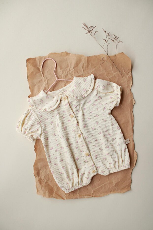 Pembe Çiçek Düğmeli Tulum - 4