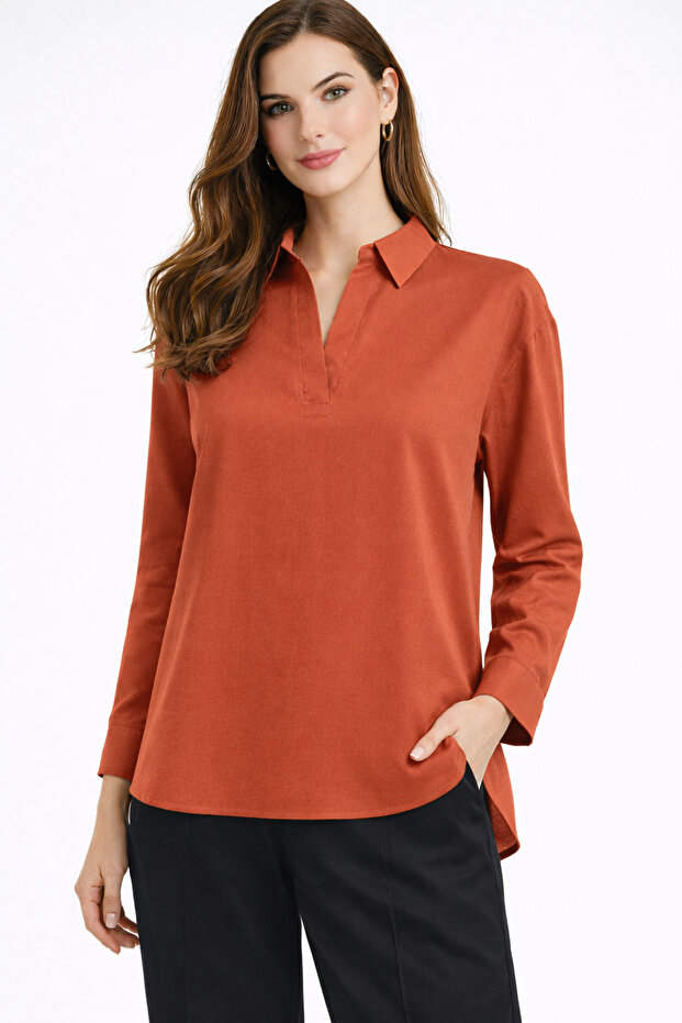 Tile Cinnamon Viscose V-Neck Relaxed Fit Long Sleeve Women's Shirt Blouse