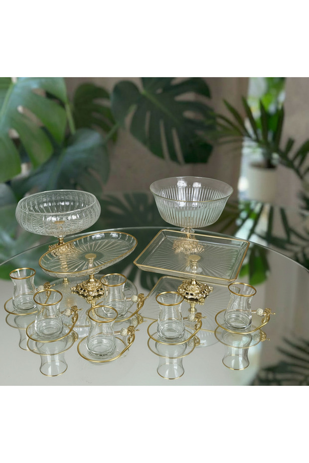 Pasabahce Gold Detailed Metal Leg Presentation and Service Set Cake, Magnolia, Tea Set, Cookie Holder