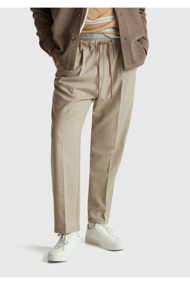 Men's Brown Wool Blend Elastic Waist Lace-Up Trousers