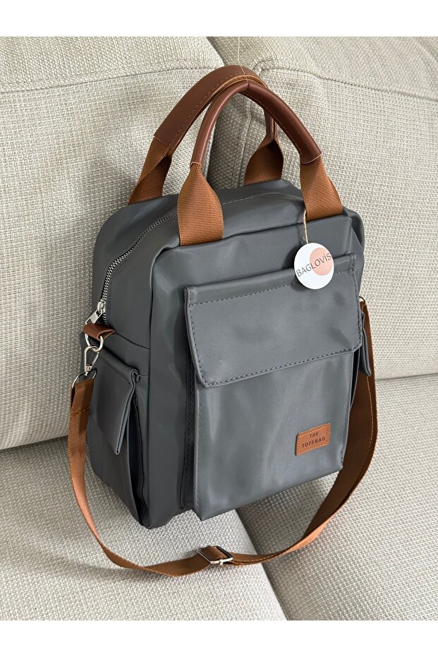 Gray Women's Backpack with Side and Front Pocket Details En28 Boy33
