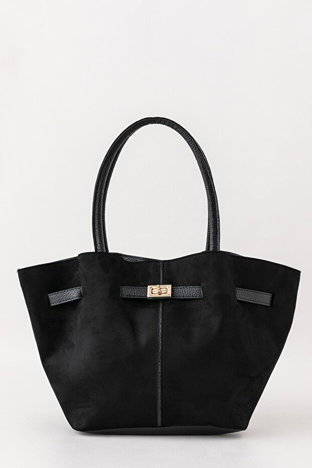 Meet Terra Black Suede Look Large Volume Women's Shoulder Bag with Lock Accessory