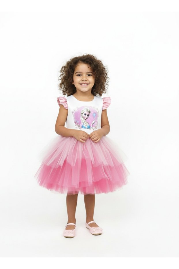 Princess Elsa Themed Pink Girl's Birthday Dress & Party Costume with Crown & Sash & Hair Accessory