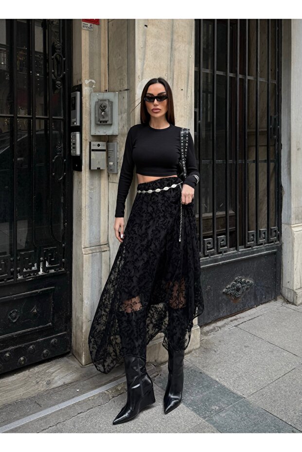 Women's Black Elastic Waist Long Floral Flocked Lace Skirt