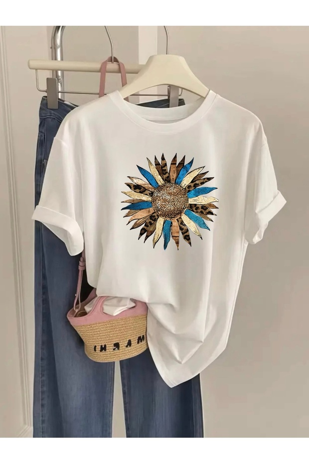 Sunflower Printed Women's Oversize Crewneck T-Shirt
