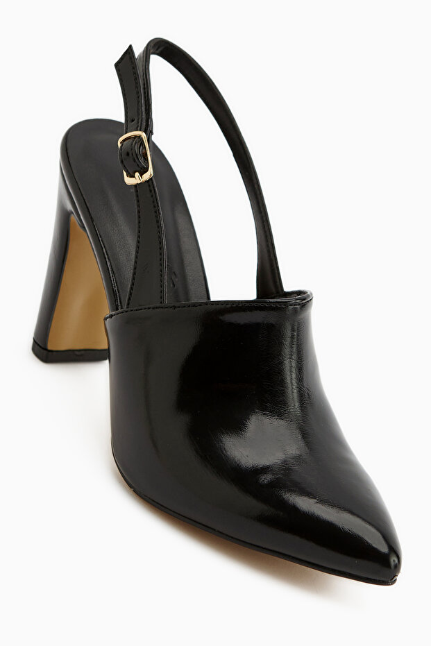 Maisa Black Pointed Toe Slingback Thick Heeled Women's Shoes