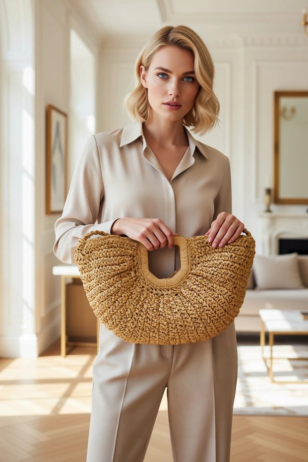 Women's Straw Weave Oval Medium Size Handbag Woven Structure Handle Detail Large Internal Volume Stylish Model