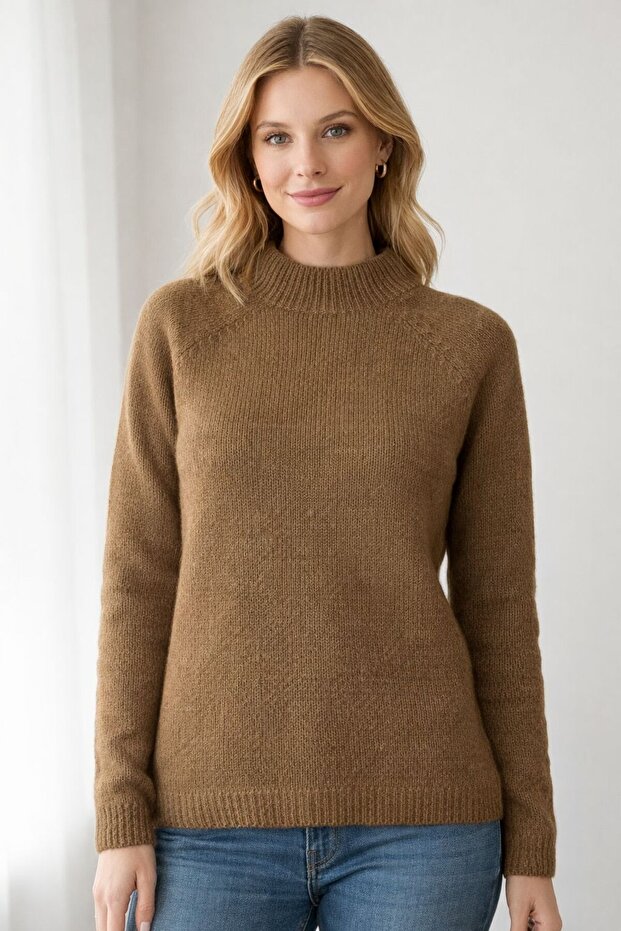 Black Tricot Sweater with Standing Collar for Women