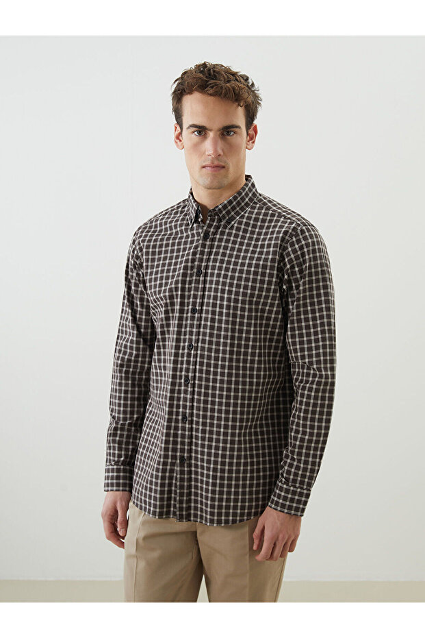 Nevavm Regular Fit Long Sleeve Plaid Gabardine Men's Shirt with Difference