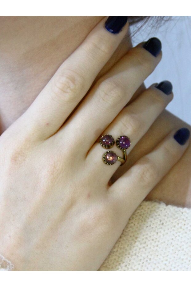 Natural Stone Amethyst 3-Piece Natural Stone Antique Model Women's Adjustable Ring Euy89Amt