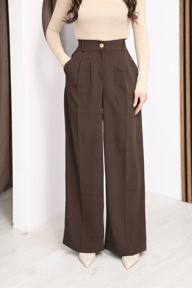 Women's Gold Buttoned Casual Pleated Palazzo Latina Trousers Brown