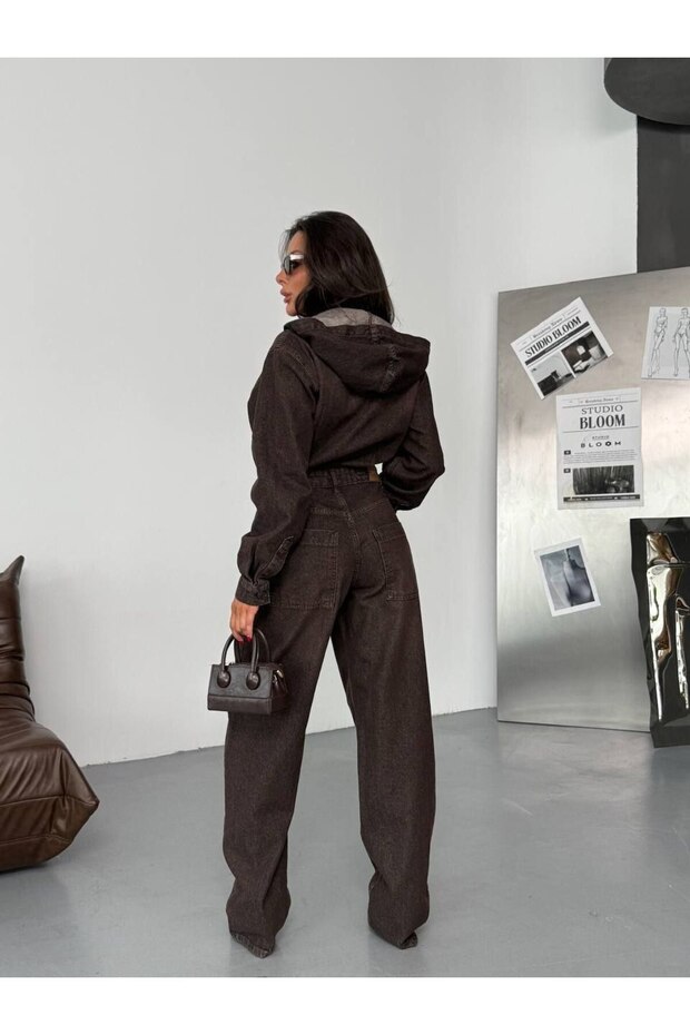 Kapşonlu Rahat Denim Tulum - 3