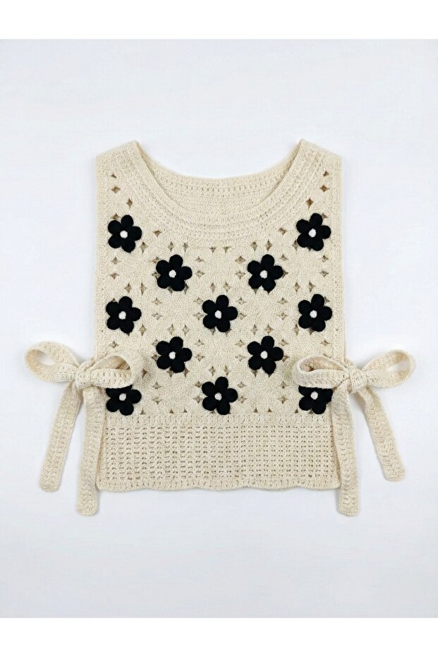 Çiçekli Örme Süveter Yan Bağcıklı - 5