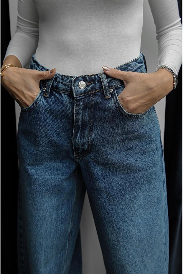 Mavi Puddle Effect Geniş Paça Jean - 4