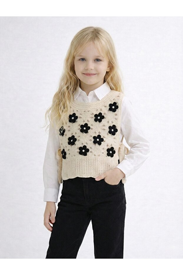 Çiçekli Örme Süveter Yan Bağcıklı - 3