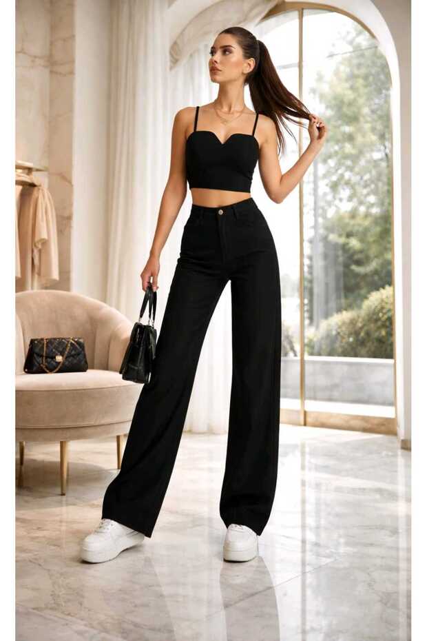Viktorya Black Stretch Fabric Super High Waist Flared Leg Denim Palazzo Pants