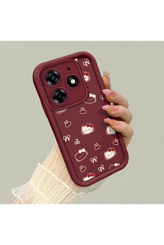 Tecno Spark 10 Pro Compatible Burgundy Color Cute Cat Cherry and Bow Pattern Silicone Case