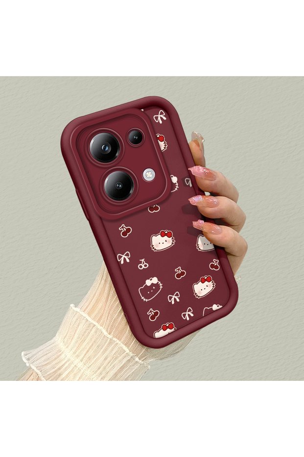 Poco M6 Pro 4g Compatible Burgundy Color Cute Cat Cherry and Bow Pattern Silicone Case