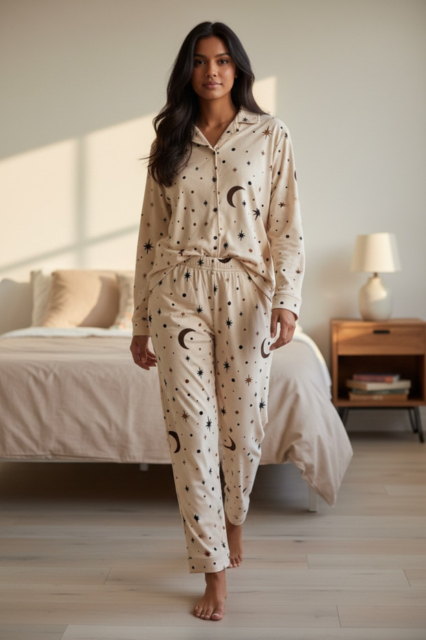 Women's Cream Moon Star Patterned Soft Suede Textured Shirt Collar Pajama Set