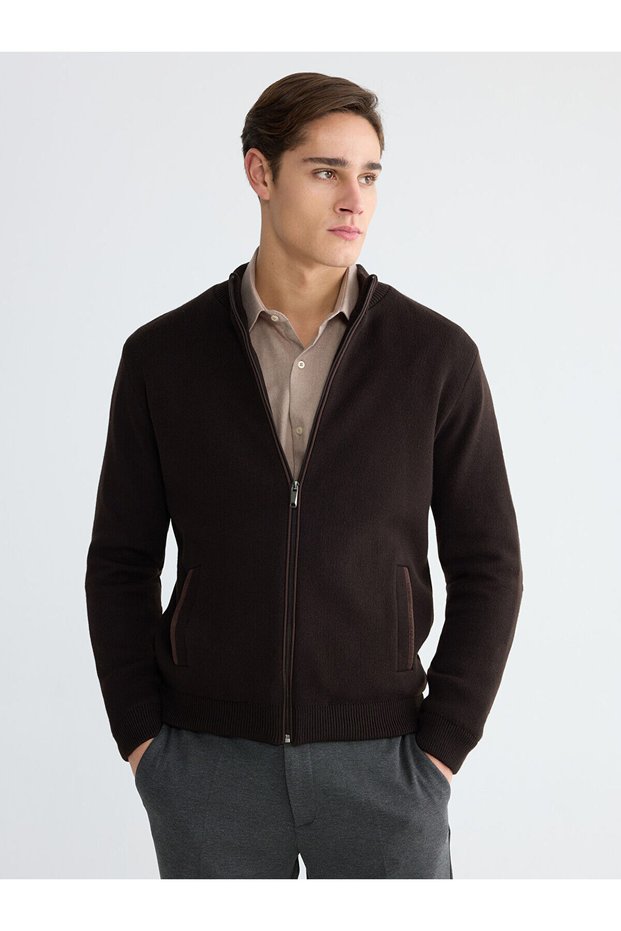 Mg trenden brown standard fit college collar men's knit cardigan