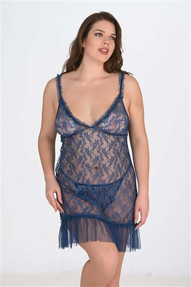 Plus Size Petrol Blue Lace Embroidered Tulle Nightgown - Ssssss4833-7993