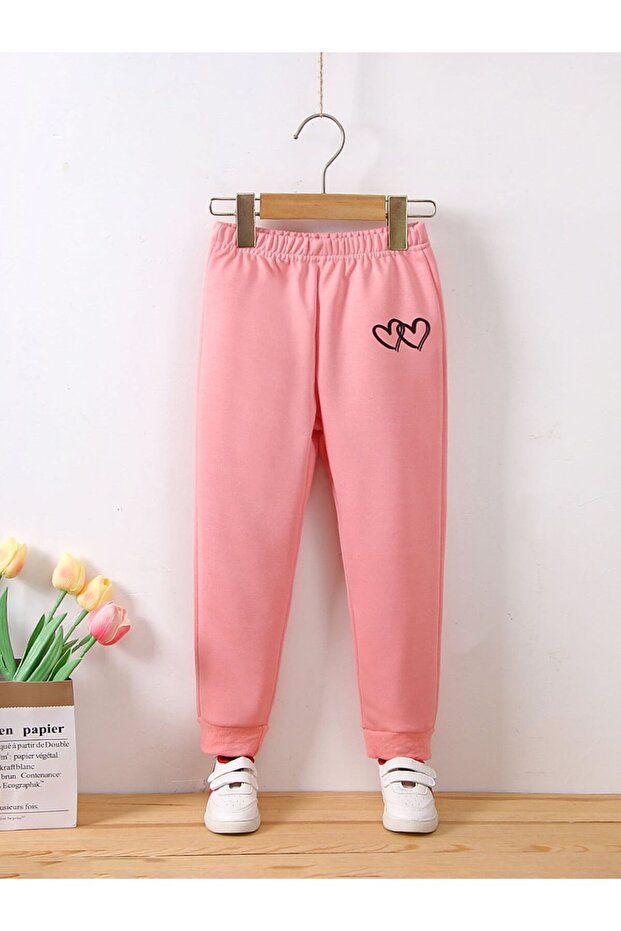 Pink Double Heart Printed Girls' Tracksuit