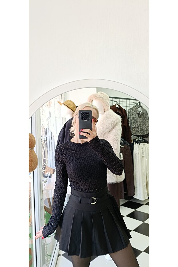 Pileli mini şort etek - 1