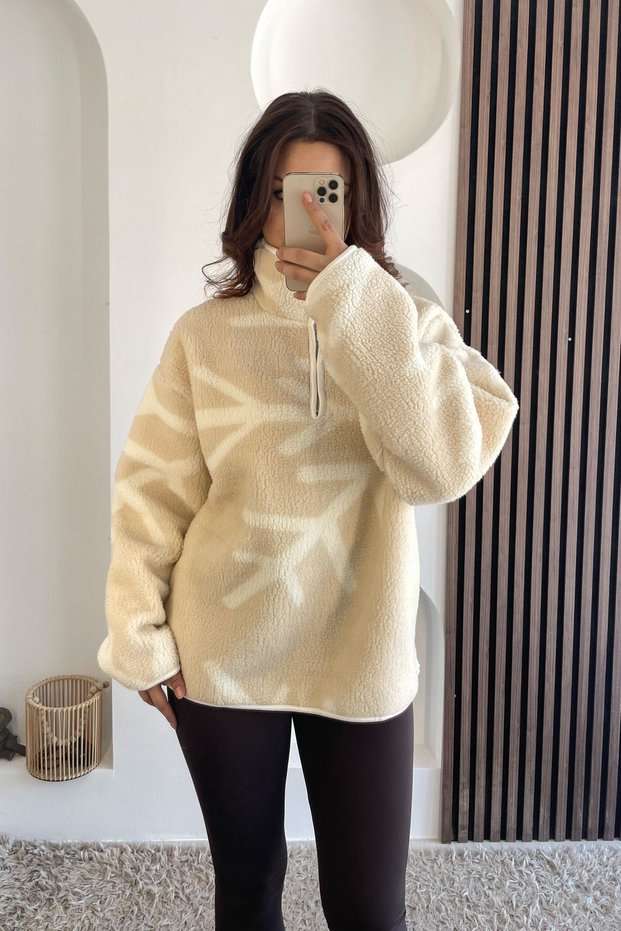 Mock Neck Zippered Coral Plush Sweatshirt - Cream Cream