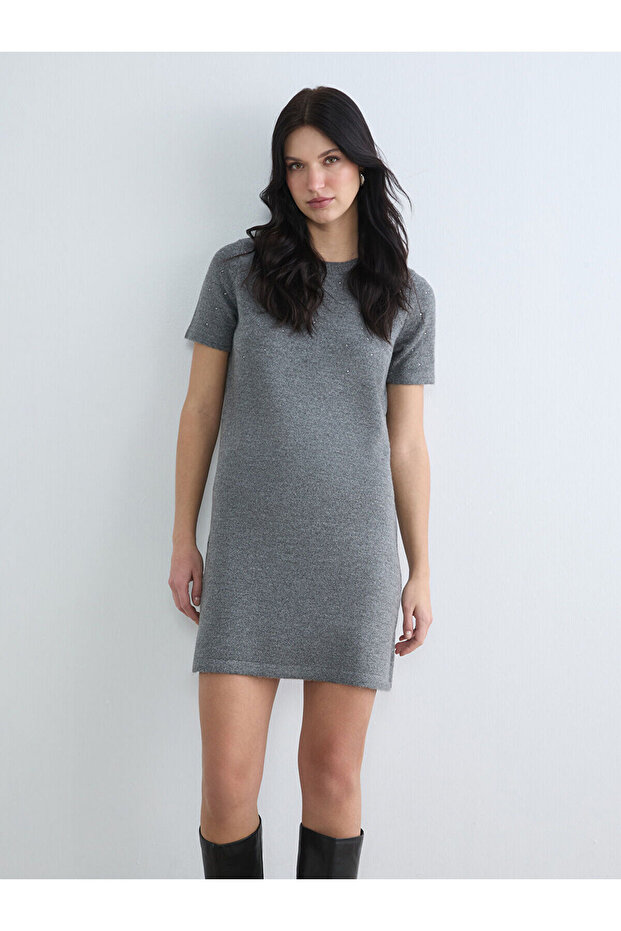 Rmz Farkiyla Anthracite Crew Neck Stone Mini Knit Dress