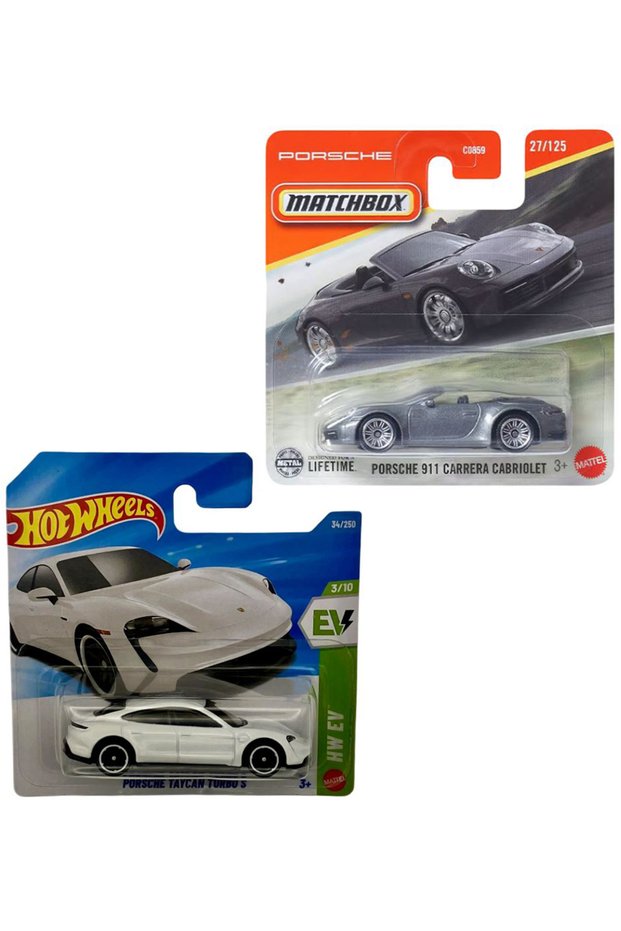 2 Vehicle Set Porsche Taycan Turbo S - White & Matchbox Porsche 911 Carrera Cabriolet - Gray