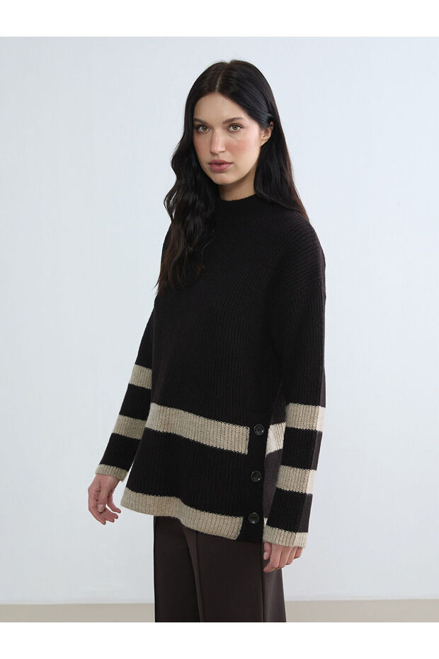 Navy Blue Half Turtleneck Women's Knitwear Tunic from Guliis Store