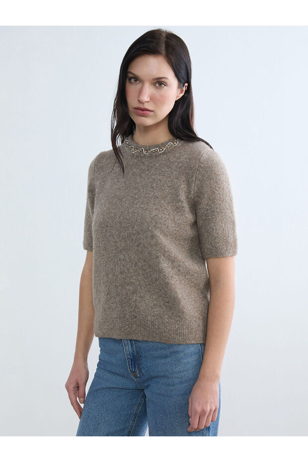 Lcw Everyday Brown Crew Neck Stoned Women's Knitwear Sweater