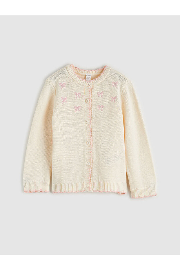 M&B Collection Ecru Standard Pattern Girls' Embroidered Knitwear Cardigan