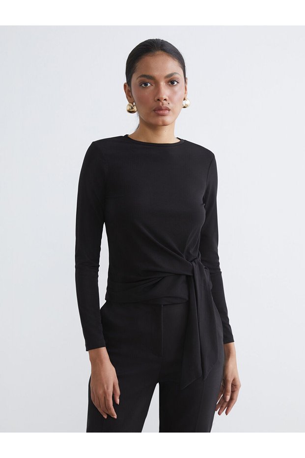 Black Crew Neck Women's Bodysuit with Tie Detail (S6)