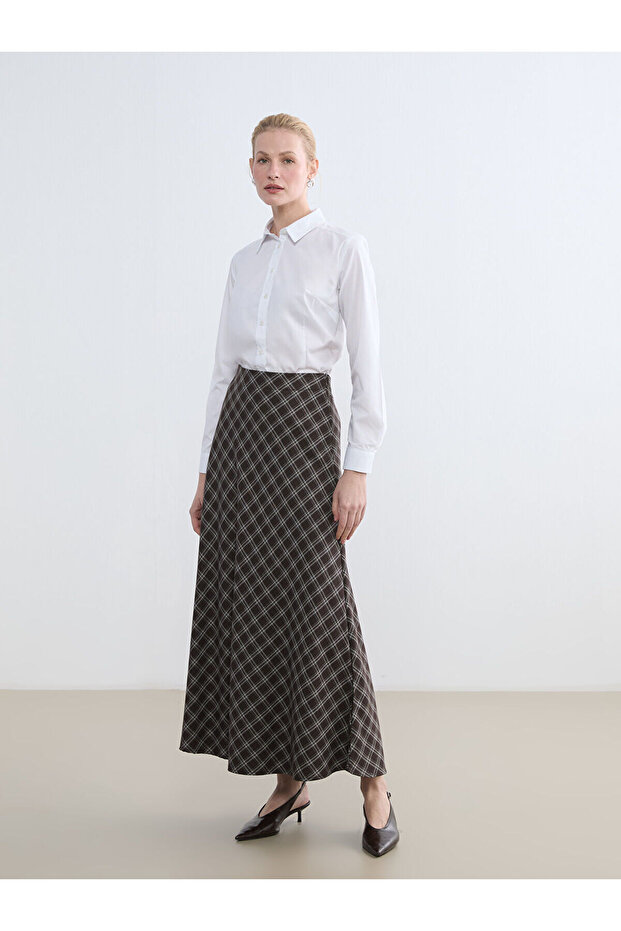 Brown Plaid Flared Skirt with Elastic Waistband