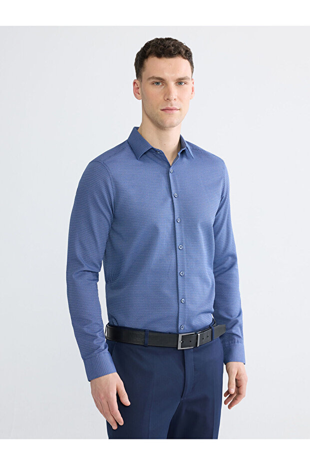 قميص رجالي من NEVAVM بتصميم Slim Fit من قماش دوبي منقوش