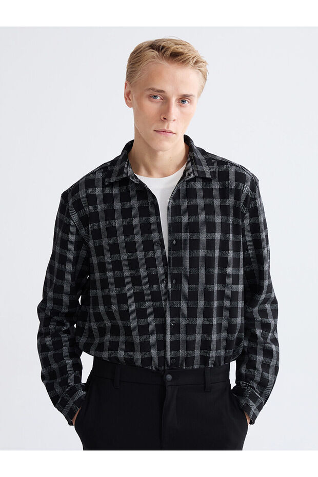 Lcw Vision Black Regular Fit Long Sleeve Plaid Dobby Men's Shirt