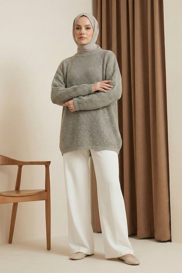 Crew Neck Casual Knitwear Sweater - Light Mink