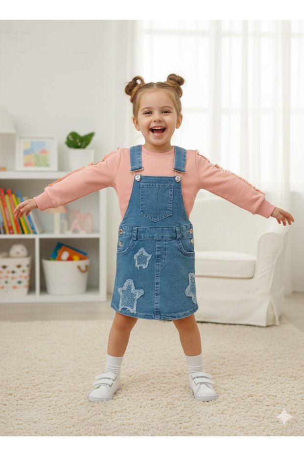 Girl's Denim Jeans Salopet Gilet Dress Sweatshirt 2-Piece Set Slpttkm20260001