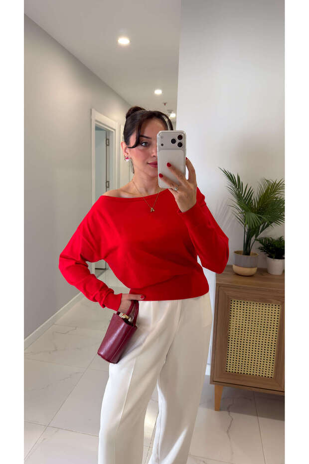 Roddi Kırmızı Tek Omuzu Açık Triko - 2