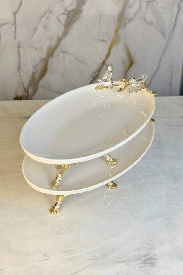 Set of 2 Oval Porcelain Plates with Double Bird Detail & Meze Salad Serving Dish