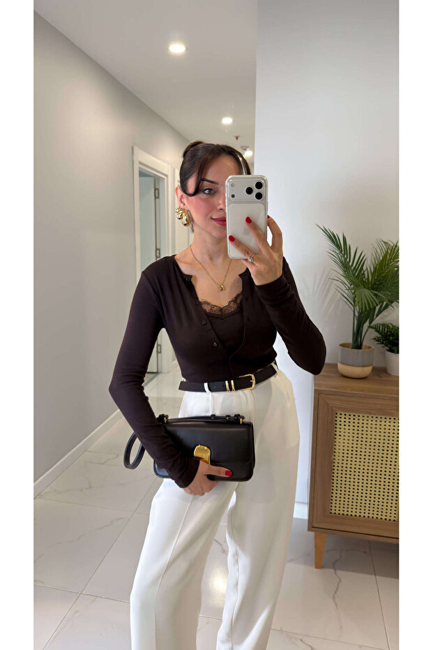 Anna Kahve Kendinden Atletli Bluz - 2