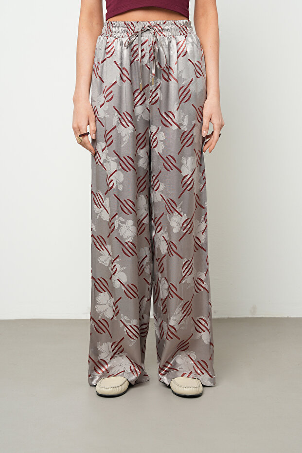 Women's Geometric Line Patterned Silky Satin Look Palazzo Trousers