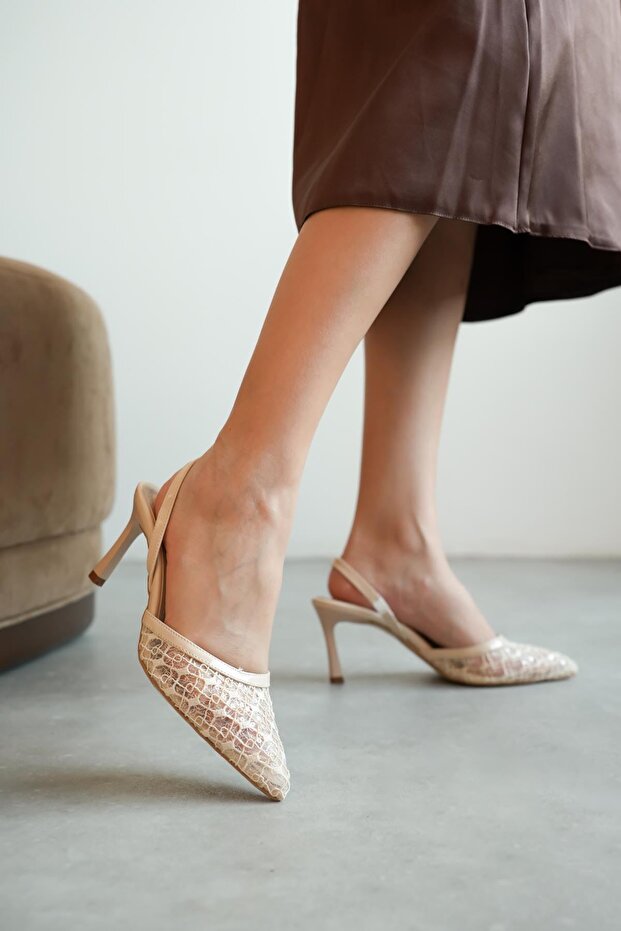 Kadın Lucco Pullu Dantelli Topuklu Ayakkabı - Ten - 1